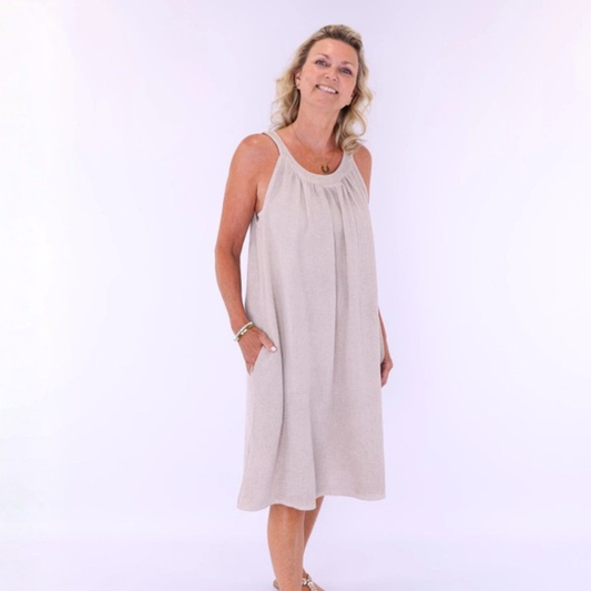 Linen and Cotton Tie Back Sundress - Sand
