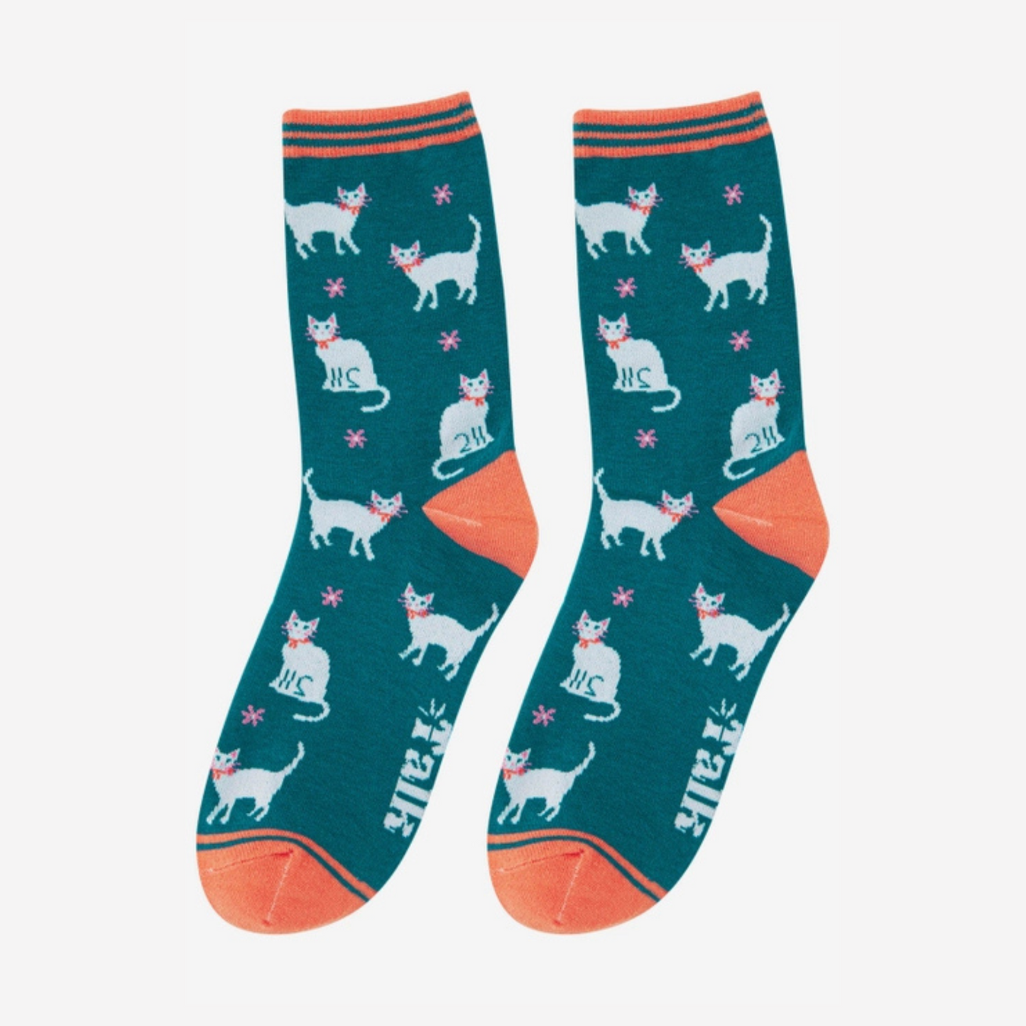 Sock Talk Bamboo Socks - Teal and White Cats