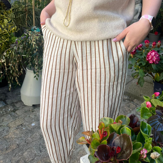 Melina Linen Trousers - Tan Stripe