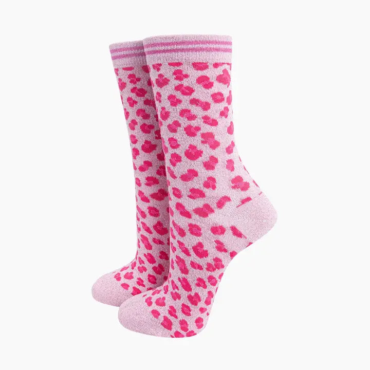 Cotton Blend Glitter Socks - Pink Leopard