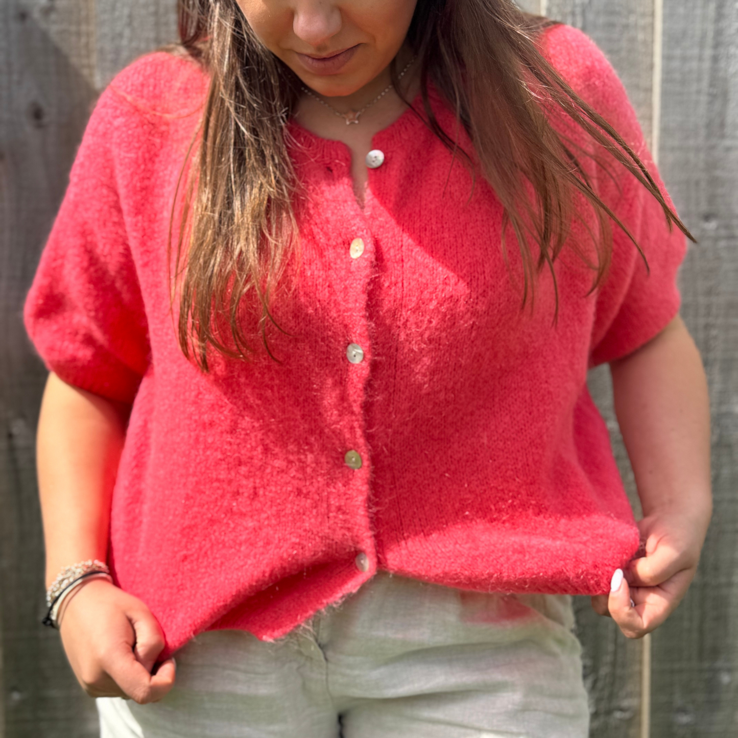 Mohair Blend Cropped Sleeve Cardigan - Coral Pink