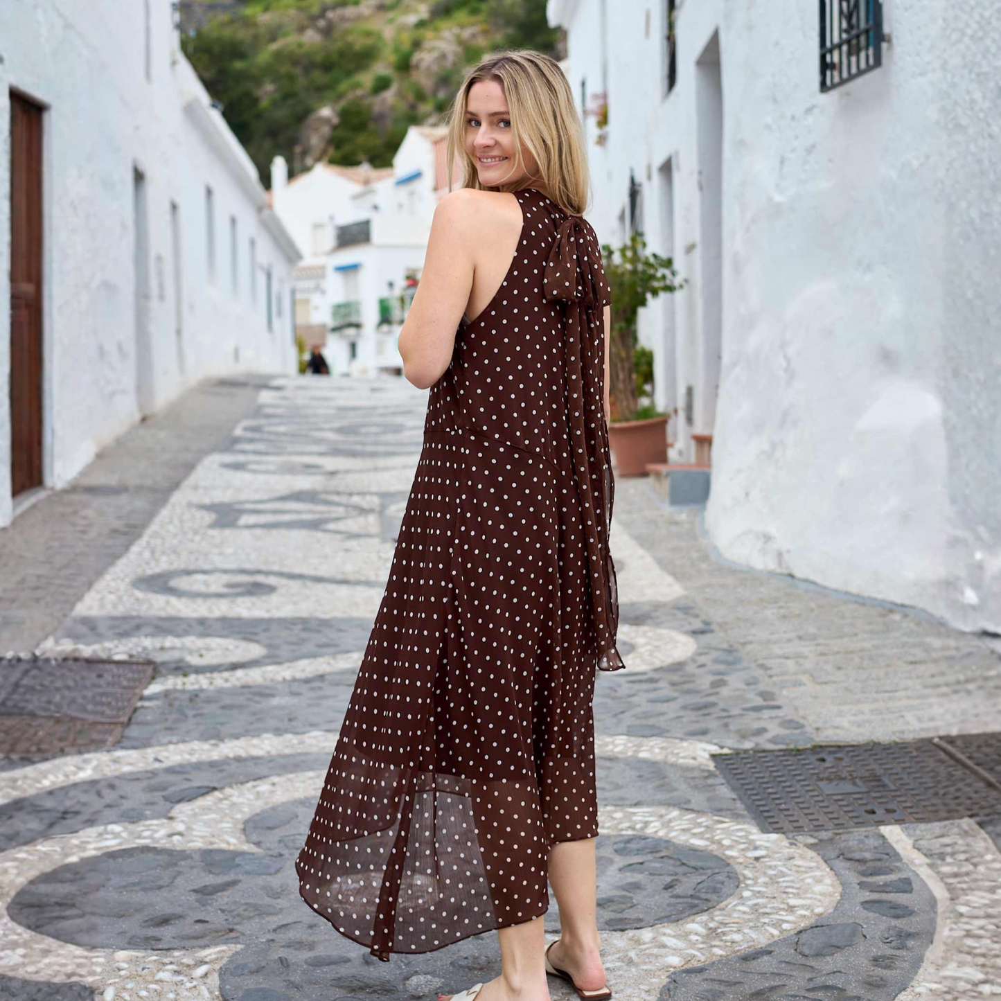 Vivian Chiffon Dress - Espresso Polka Dot