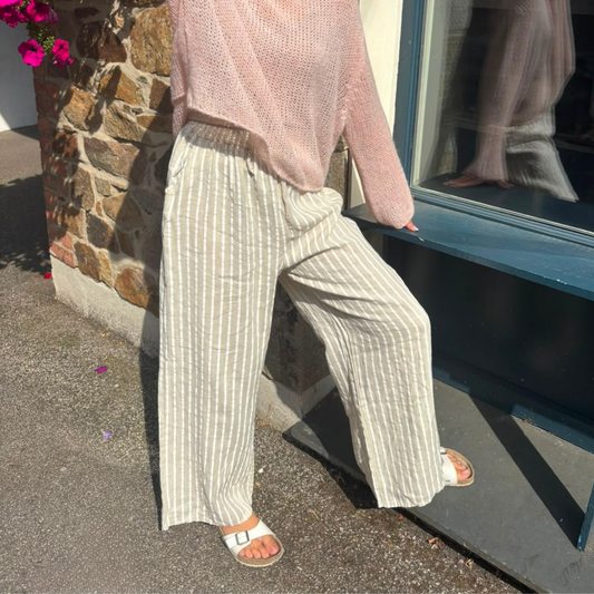 Linen Wide Leg Trousers - White & Tan Pinstripe