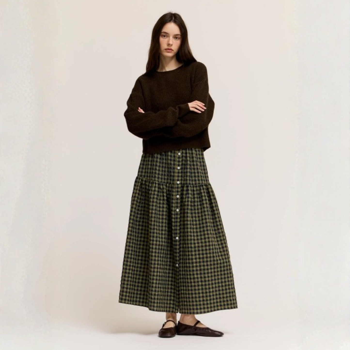 Button Down Gingham Check Skirt - Olive Green