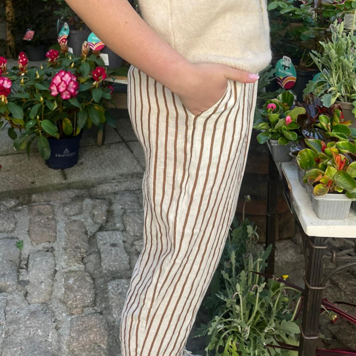Melina Linen Trousers - Tan Stripe