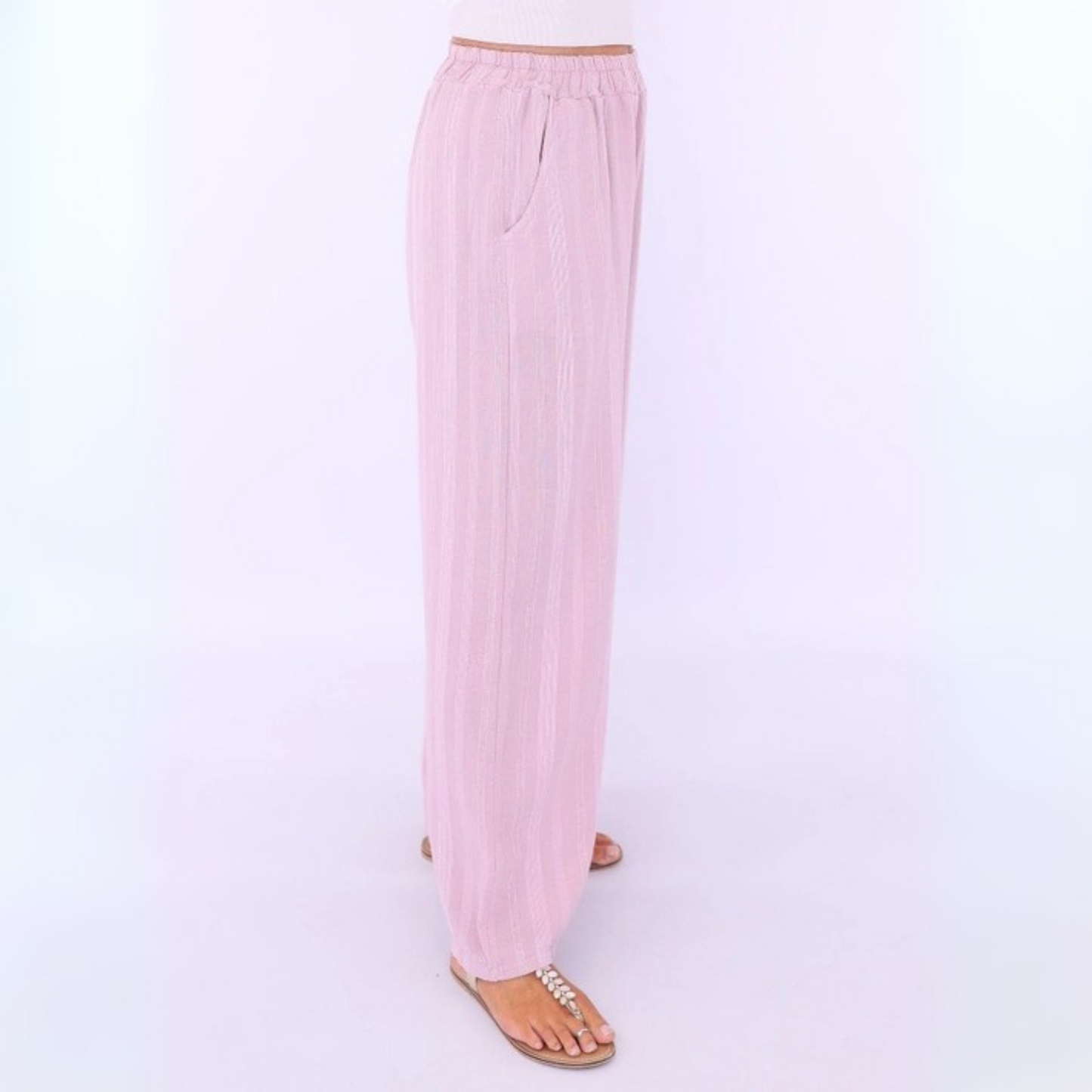 Cotton Stripe Straight Leg Trousers - Pink