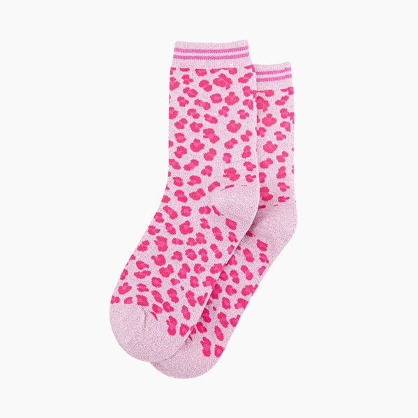 Cotton Blend Glitter Socks - Pink Leopard