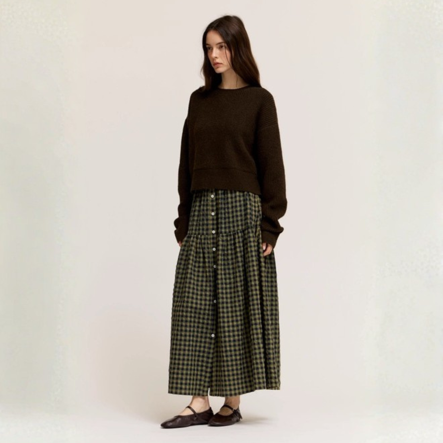 Button Down Gingham Check Skirt - Olive Green