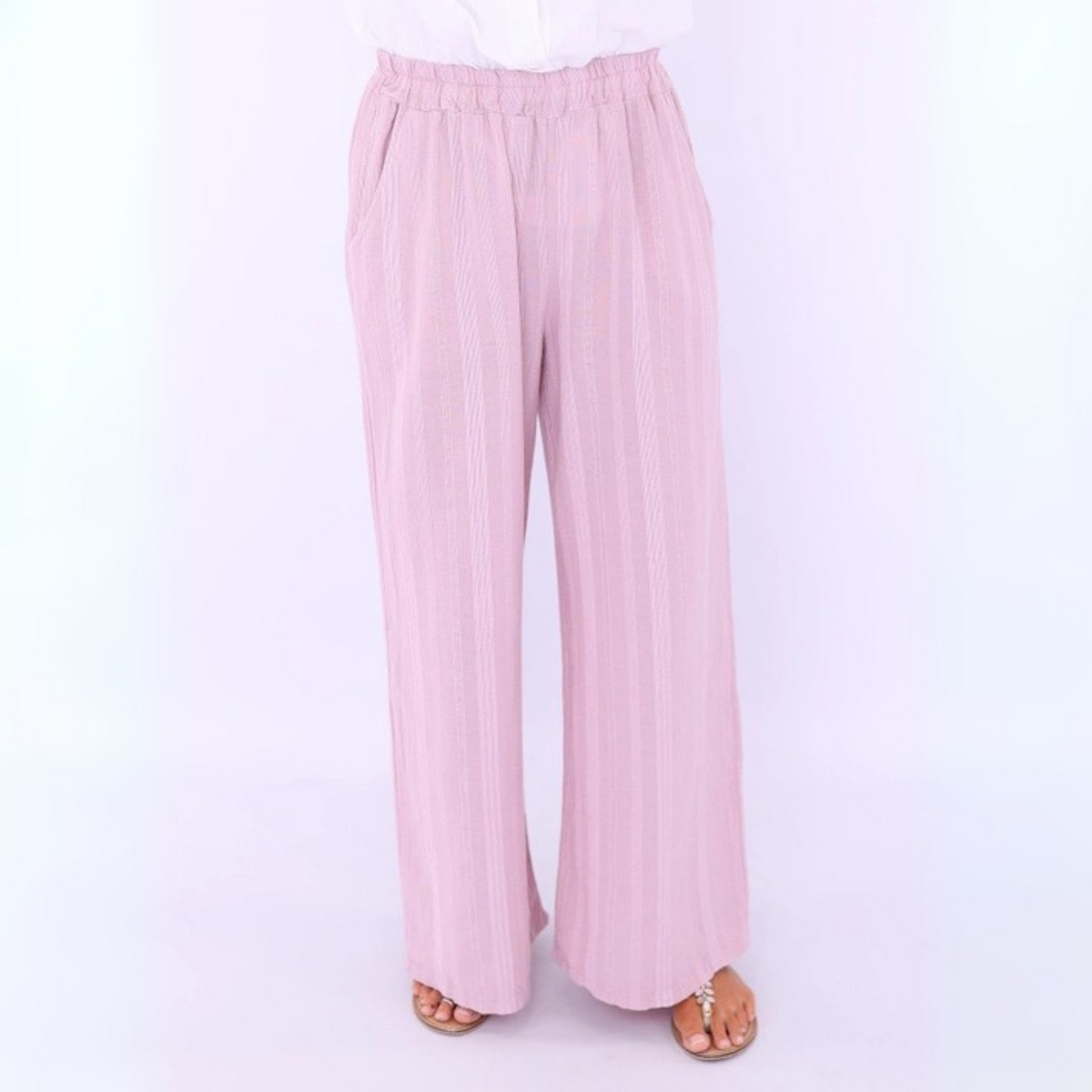 Cotton Stripe Straight Leg Trousers - Pink