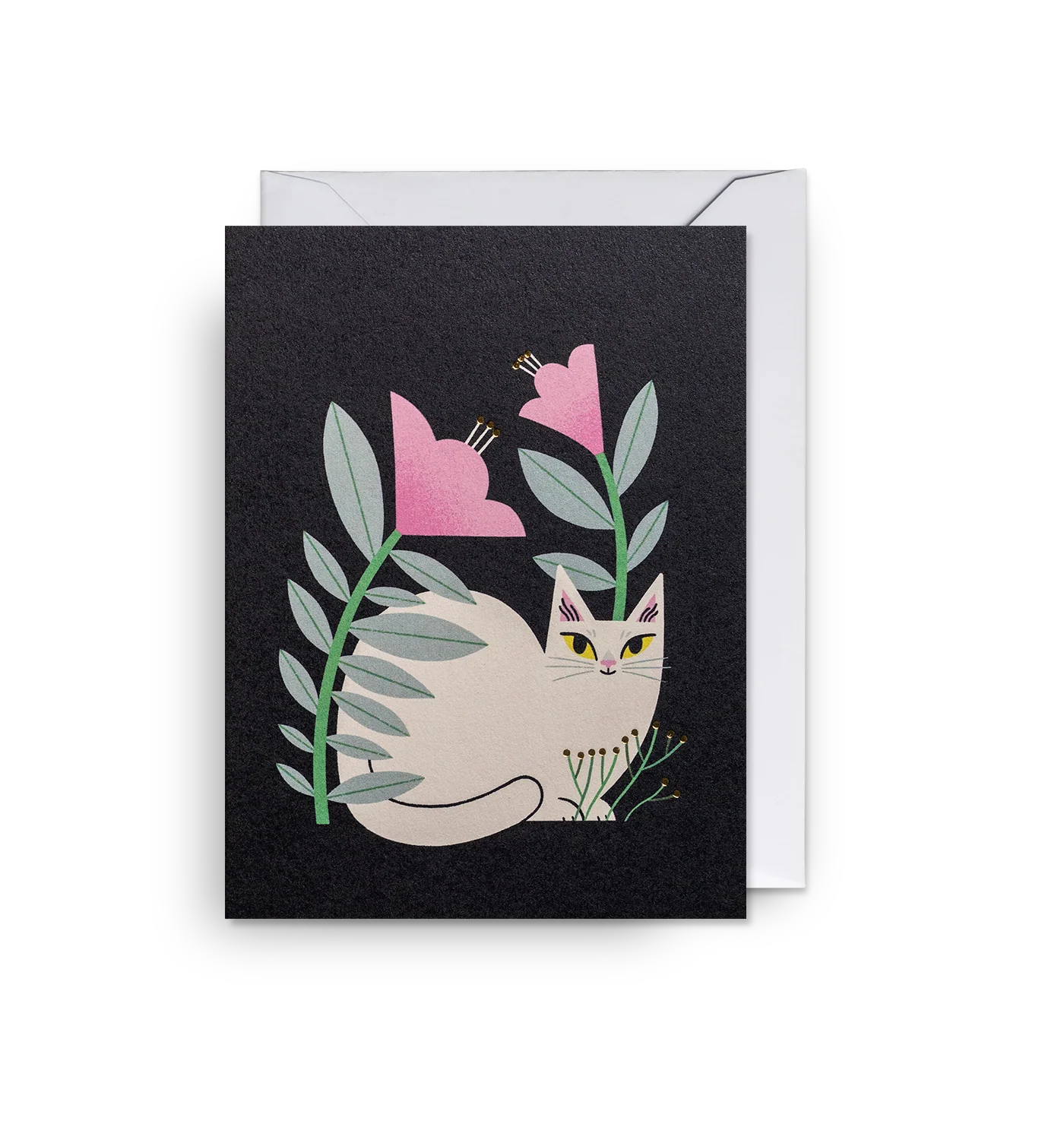Mini Greetings Card - Nighttime Blooms Cat