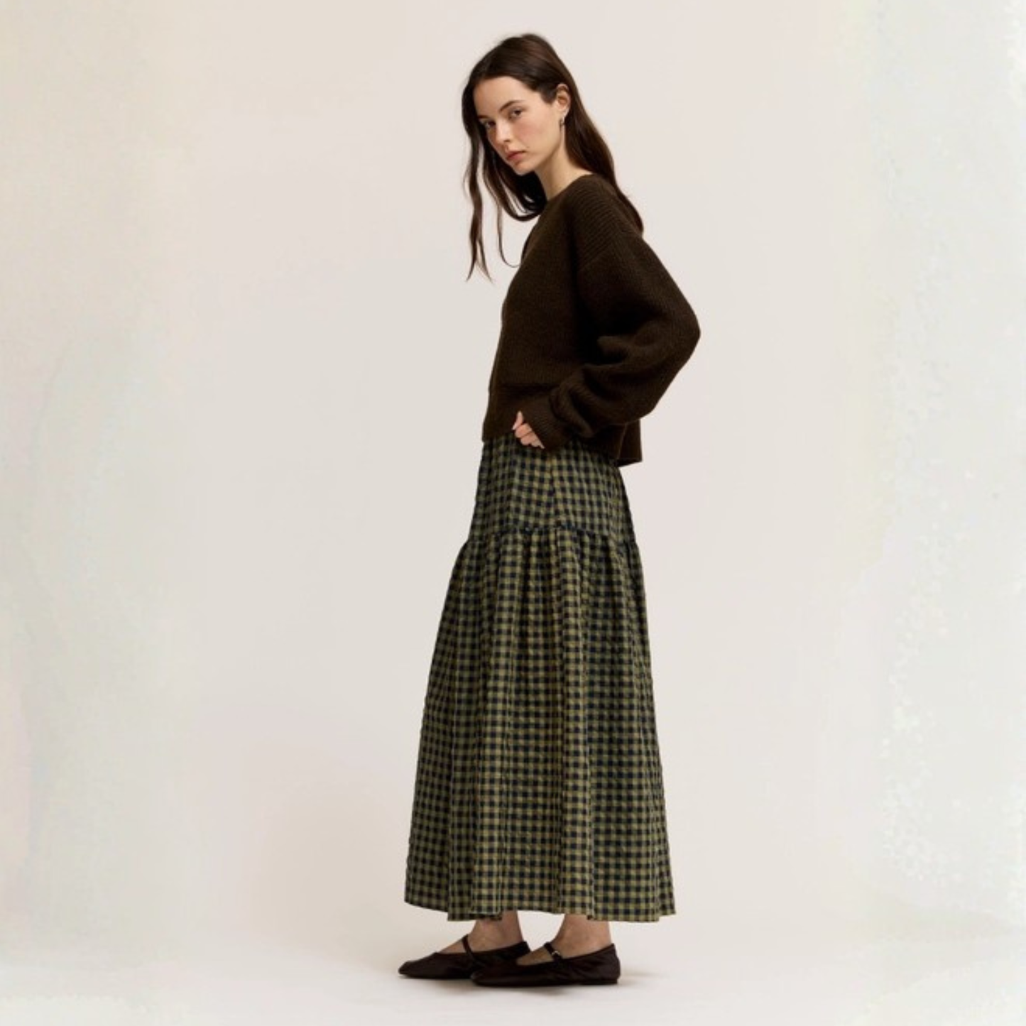 Button Down Gingham Check Skirt - Olive Green
