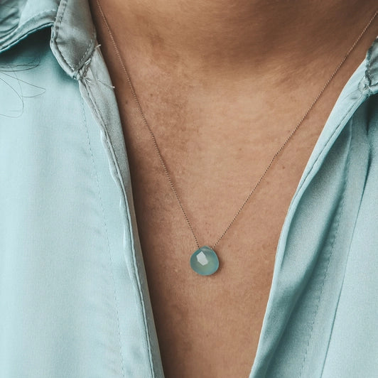 Silk Cord Birthstone Necklace - March Blue Chalcedony