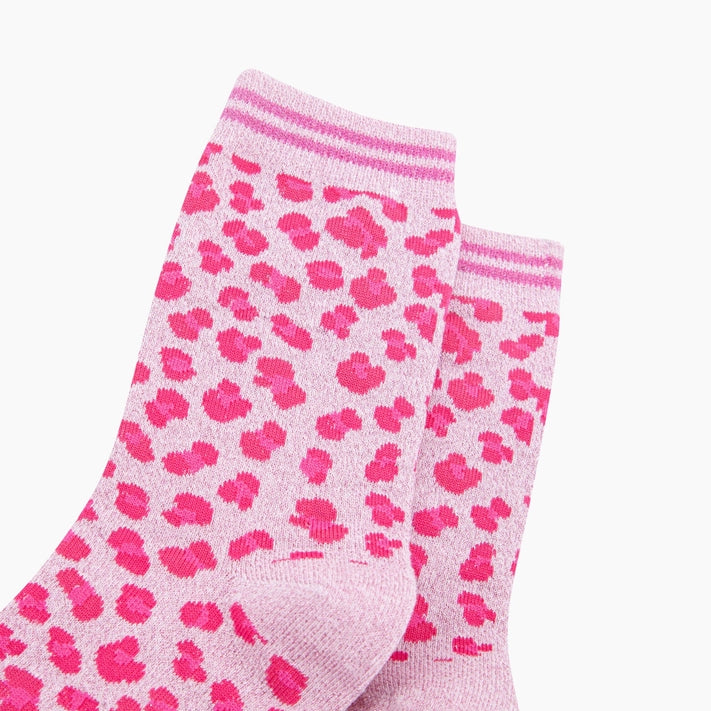 Cotton Blend Glitter Socks - Pink Leopard