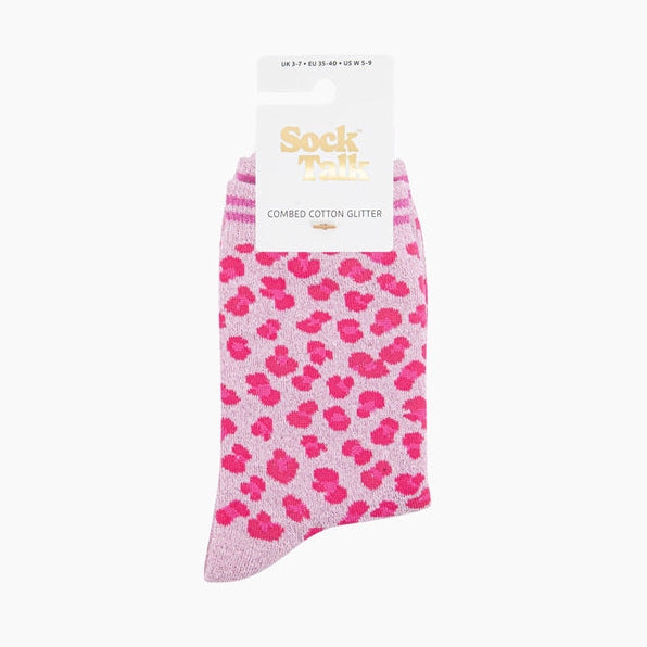 Cotton Blend Glitter Socks - Pink Leopard
