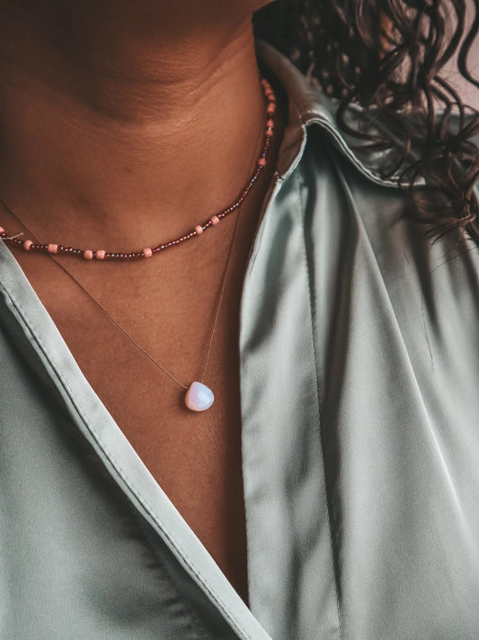 Silk Cord Birthstone Necklace - October Pink Opal