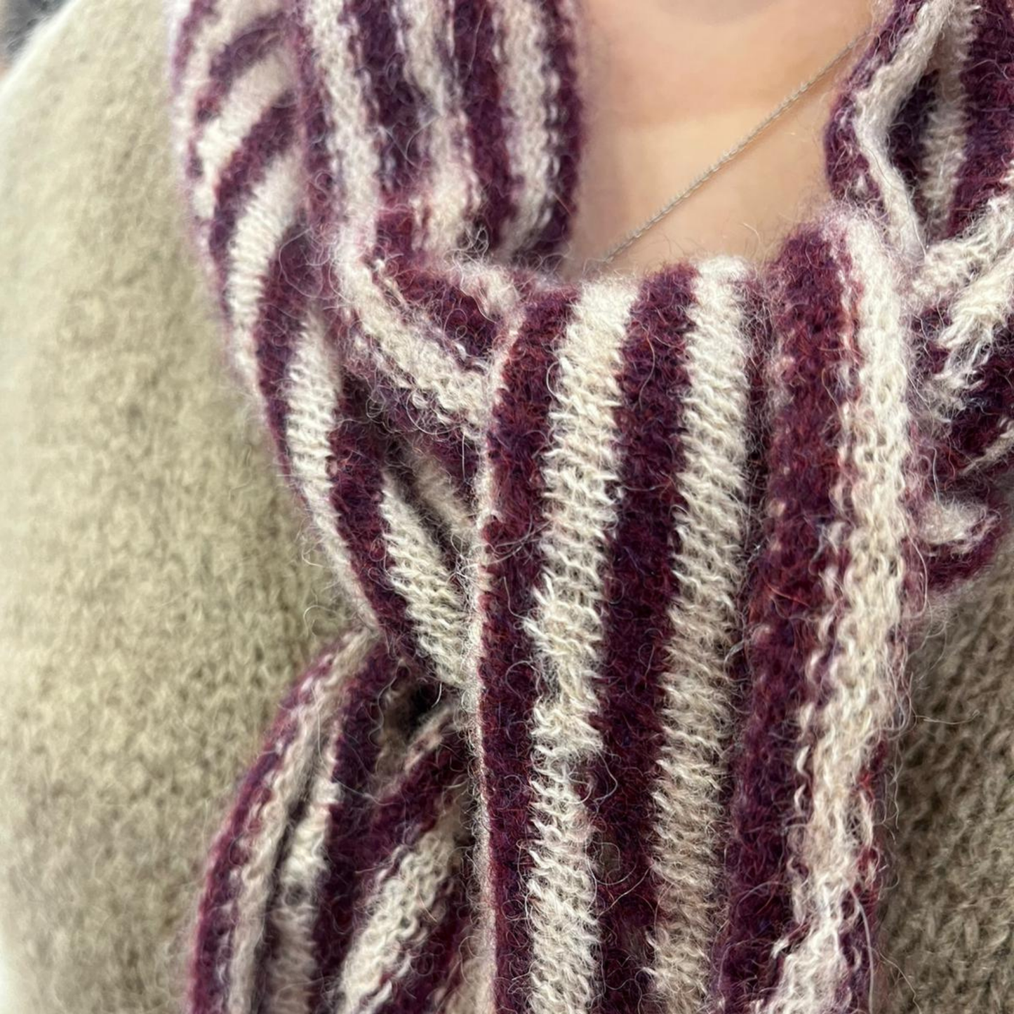 Alpaca Wool Picot Scarf - Plum Stripe