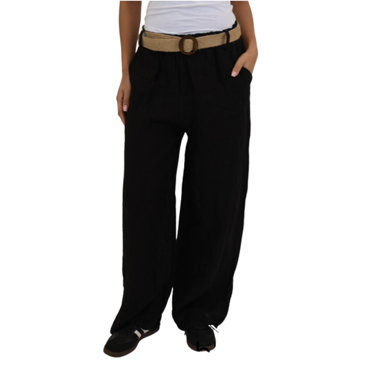 Wide Leg Linen Trousers - Black