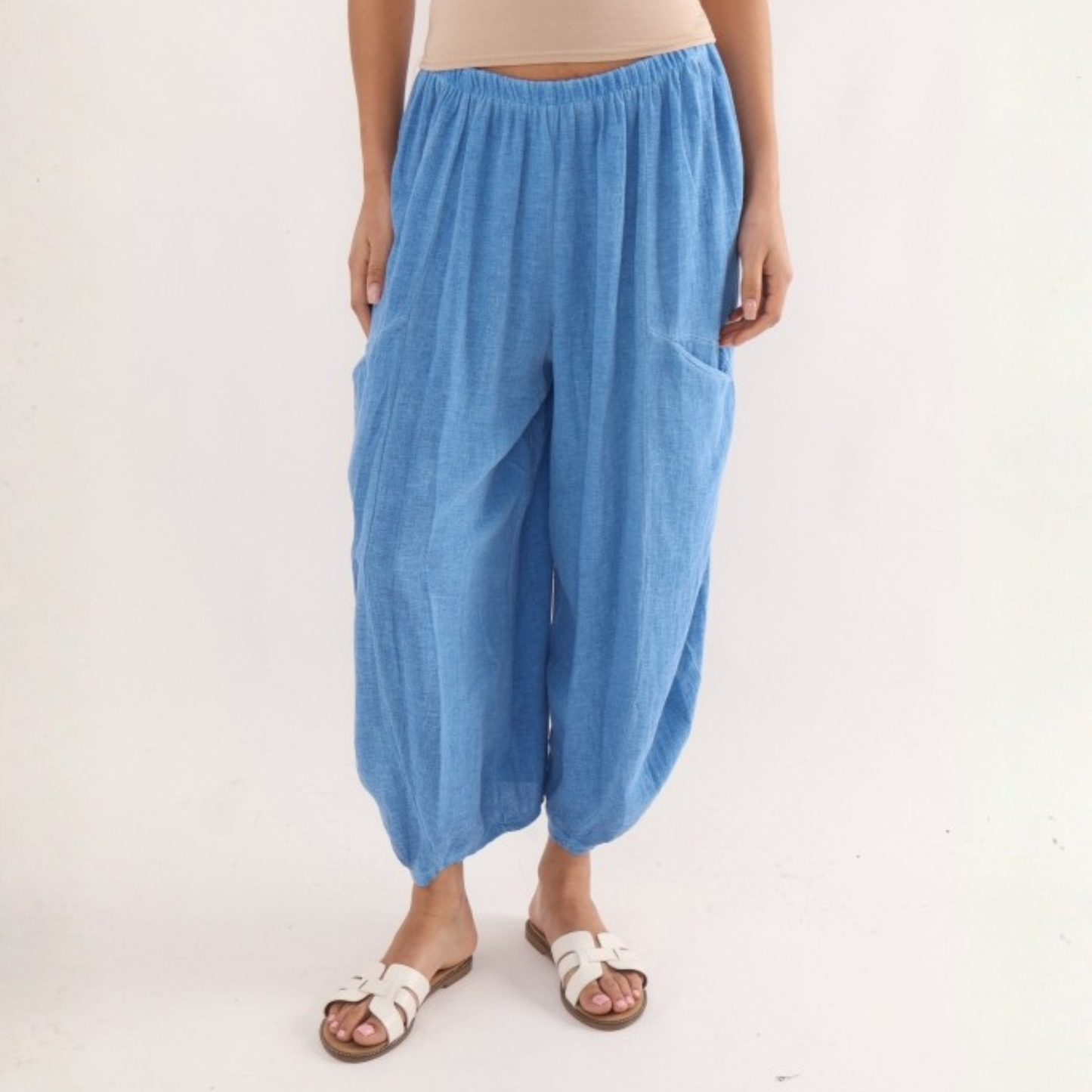 Linen Blend Patch Pocket Trousers - Cornflower Blue