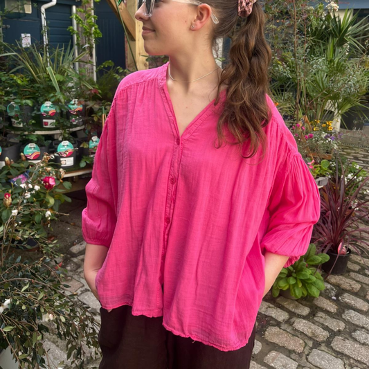 Balloon Sleeve Cotton Blouse - Fuchsia