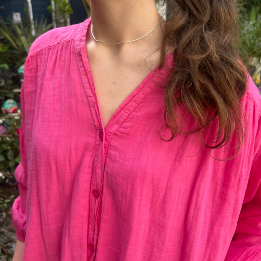 Balloon Sleeve Cotton Blouse - Fuchsia