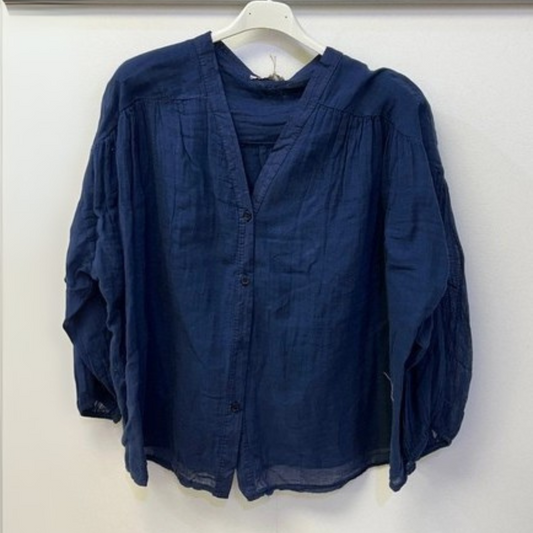 Cotton V Neck Shirt - Navy Blue