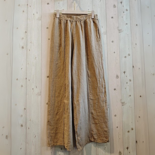 Linen Trousers with Lace Detail - Camel Brown