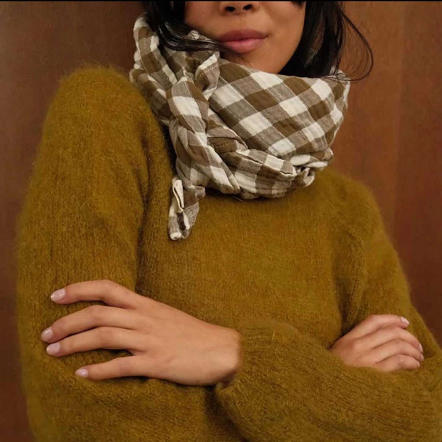 Square Scarf -  Nutria Khaki Gingham Check