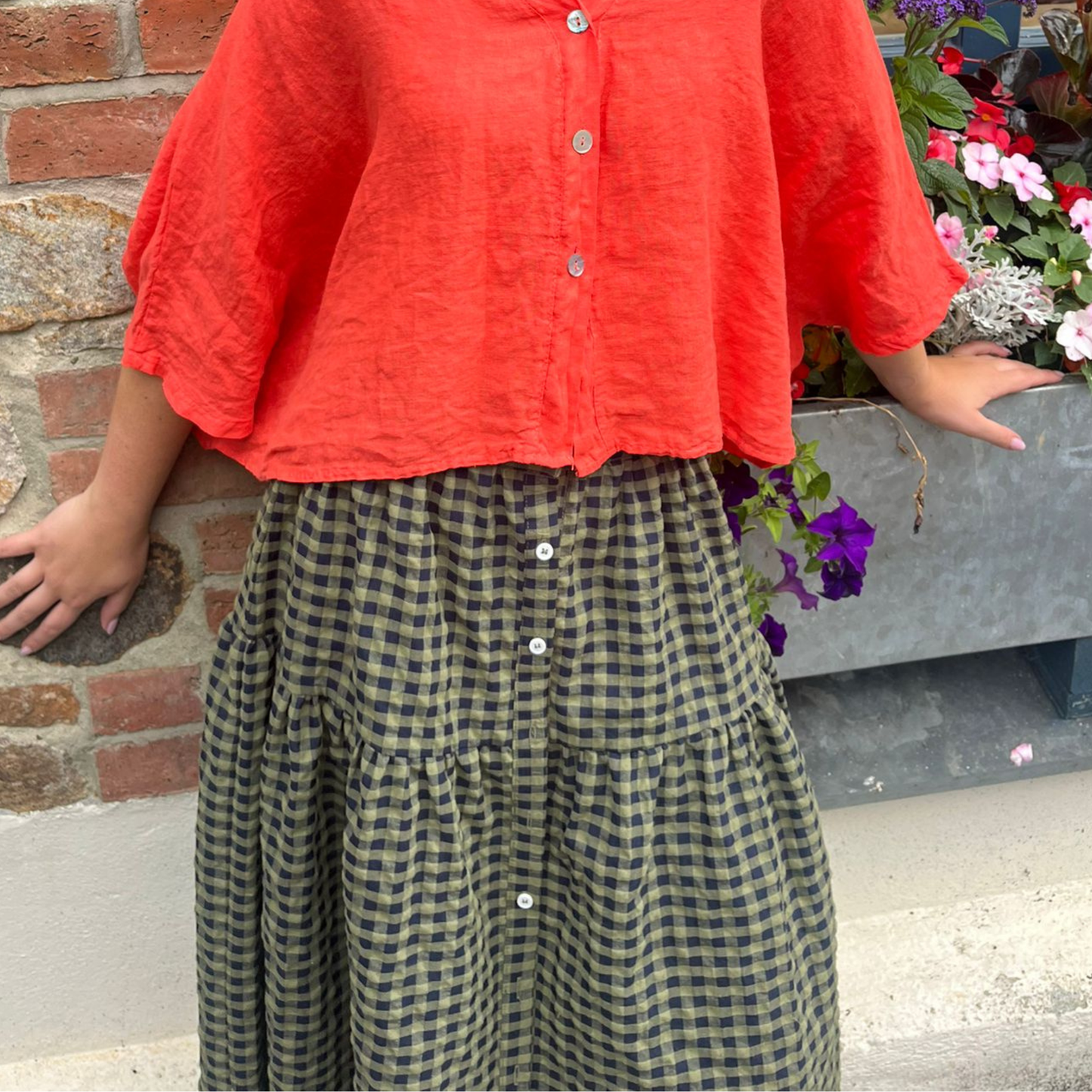 Button Down Gingham Check Skirt - Olive Green