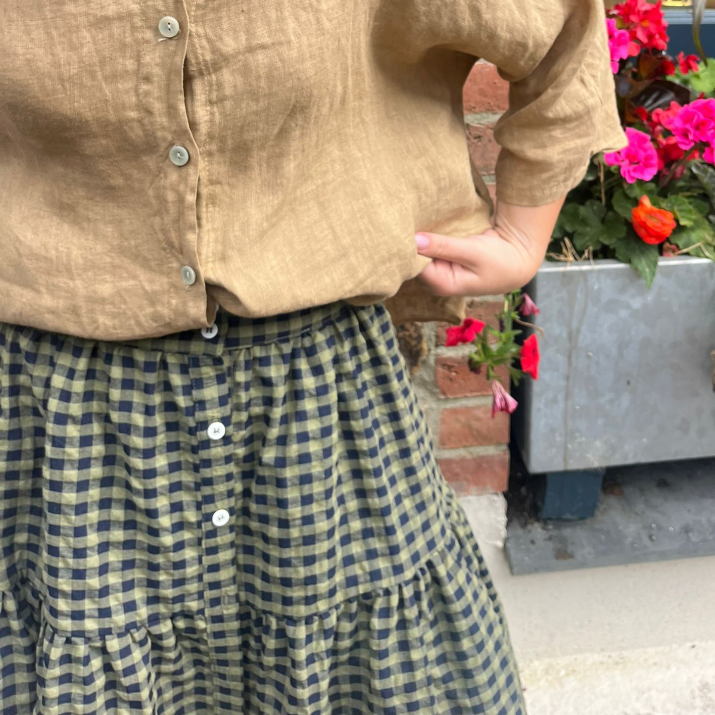 Button Down Gingham Check Skirt - Olive Green