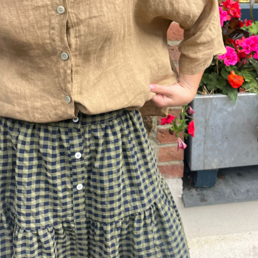 Button Down Gingham Check Skirt - Olive Green
