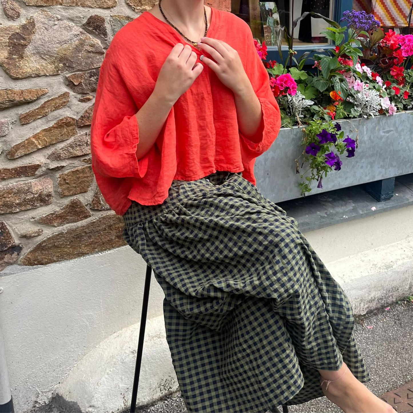 Button Down Gingham Check Skirt - Olive Green