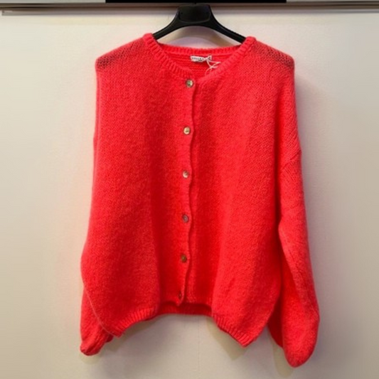 Mohair Blend Button Through Cardigan - Neon Coral