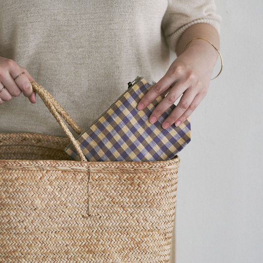 Japanese Linen Pouch - Natural and Lilac Gingham