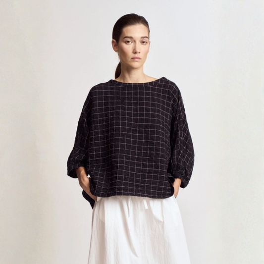 Check Print Cotton Blouse - Black