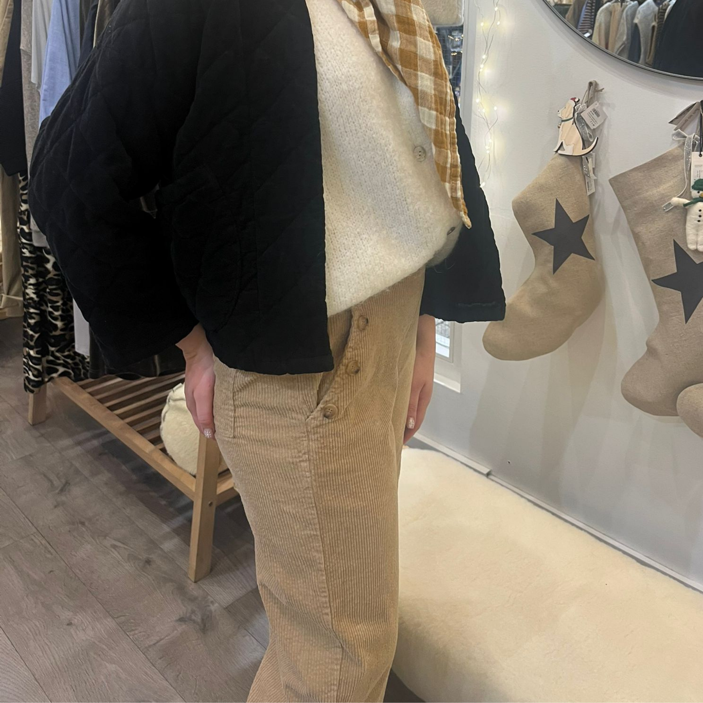 Button Detail Corduroy Trousers - Biscuit