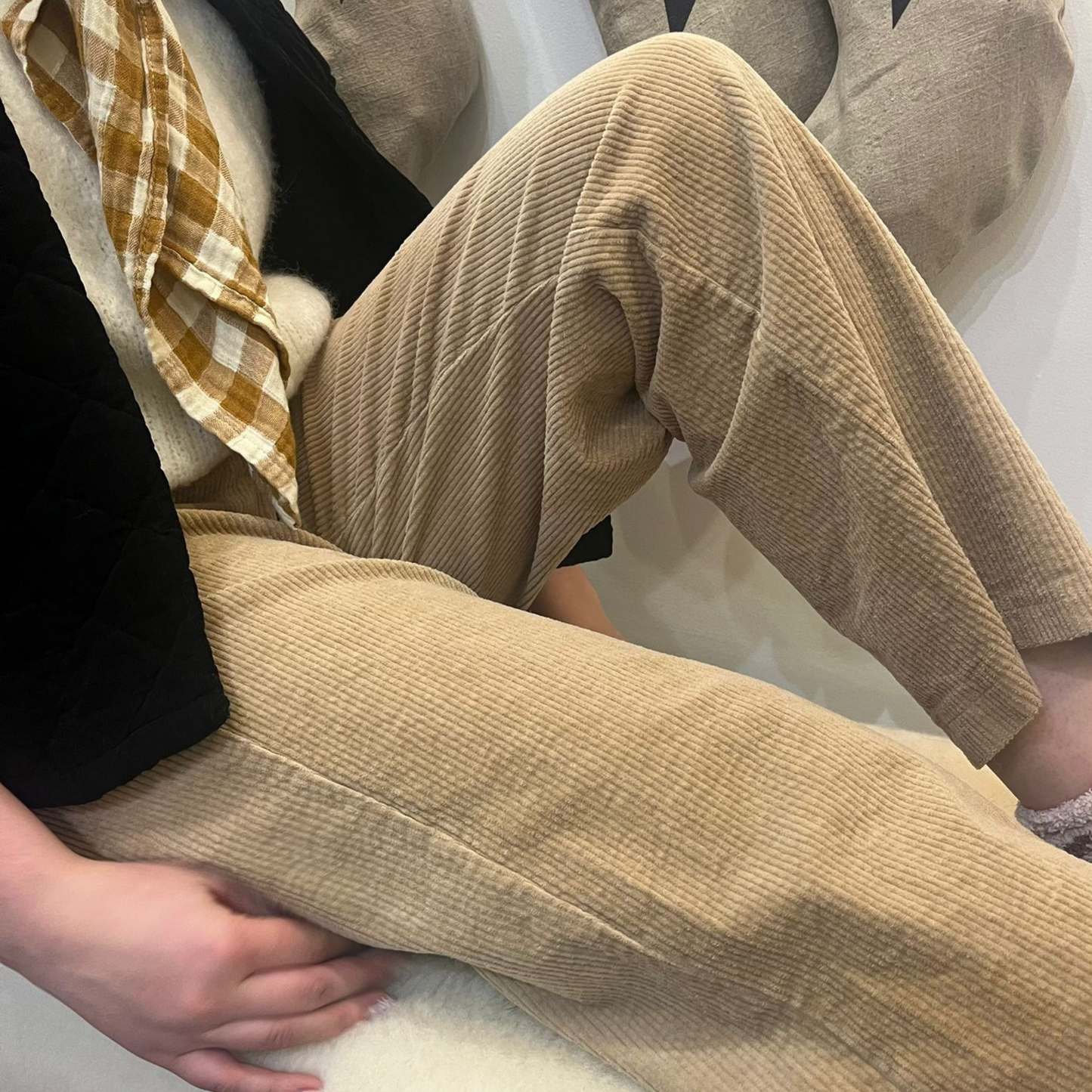 Button Detail Corduroy Trousers - Biscuit