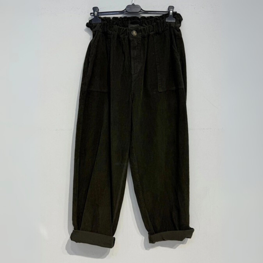 Corduroy Trousers with Button - Chocolate Brown