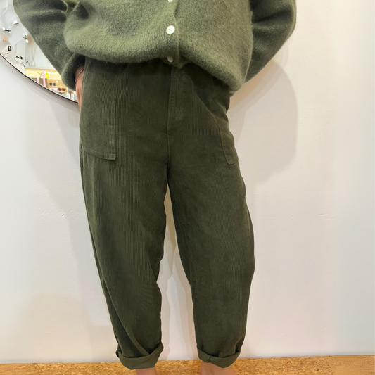 Corduroy Trousers with Button - Khaki Green
