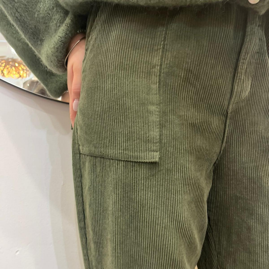 Corduroy Trousers with Button - Khaki Green