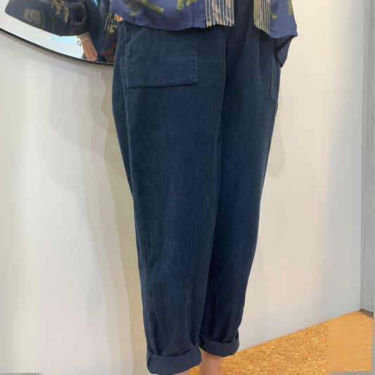 Corduroy Trousers with Button - Navy