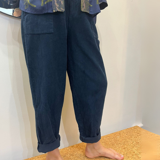Corduroy Trousers with Button - Navy