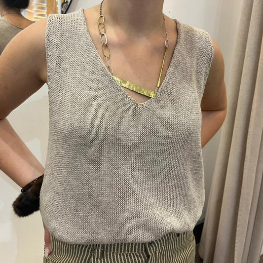 Cotton Blend V-Neck Sleeveless Top - Taupe