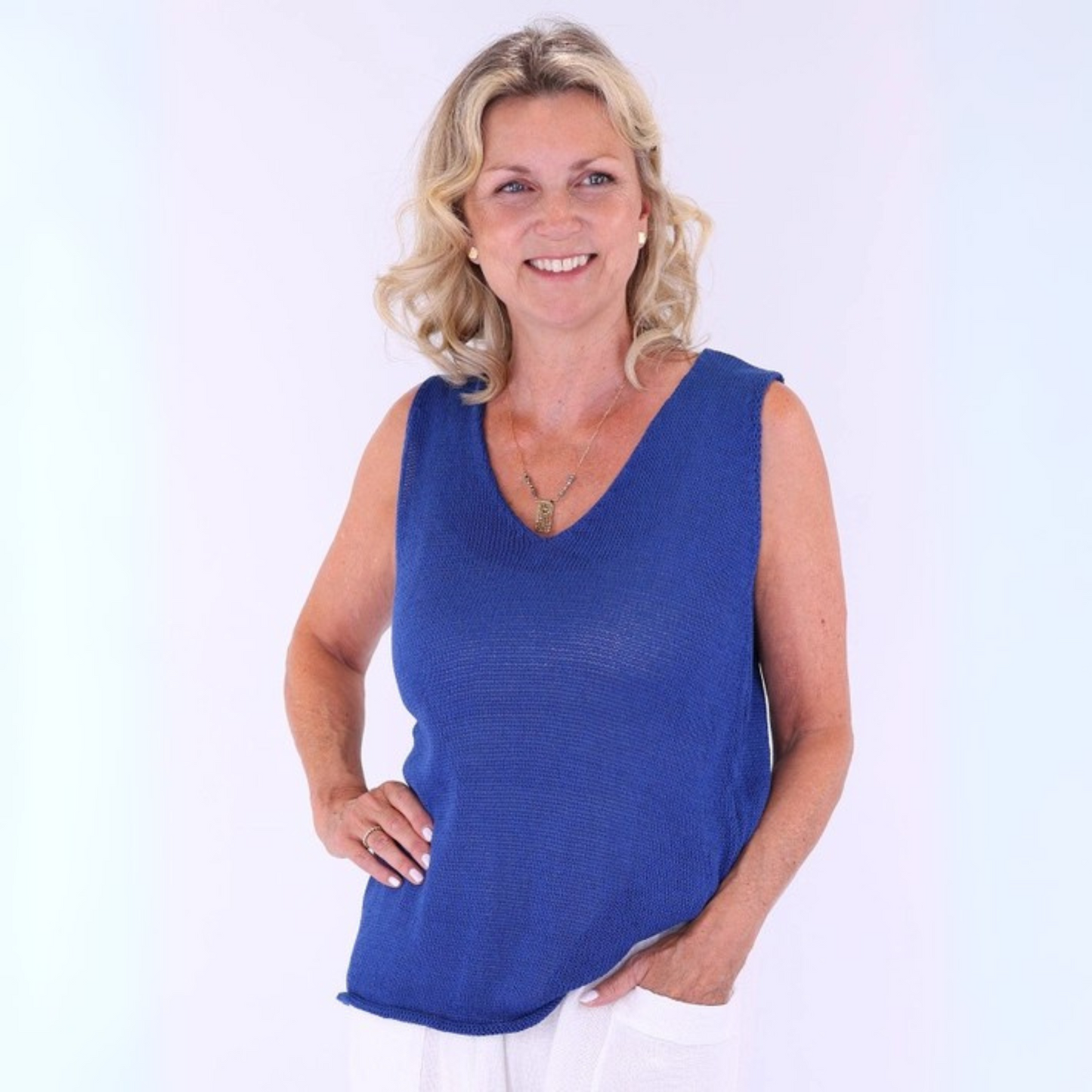 Cotton Blend V-Neck Sleeveless Top - Navy Blue