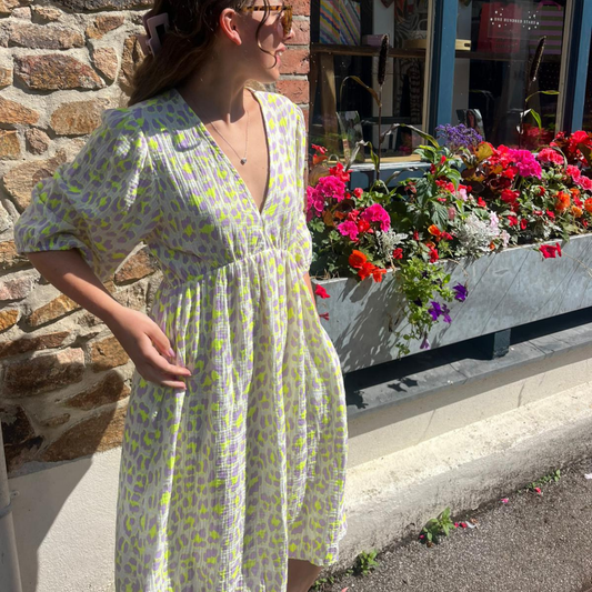 Cotton Gauze Dress - Yellow Leopard
