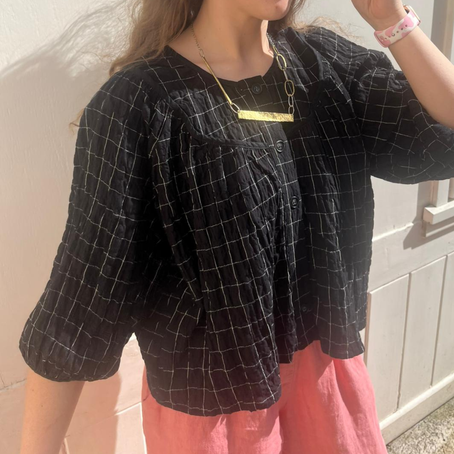 Cotton Gauze Top - Grid Check