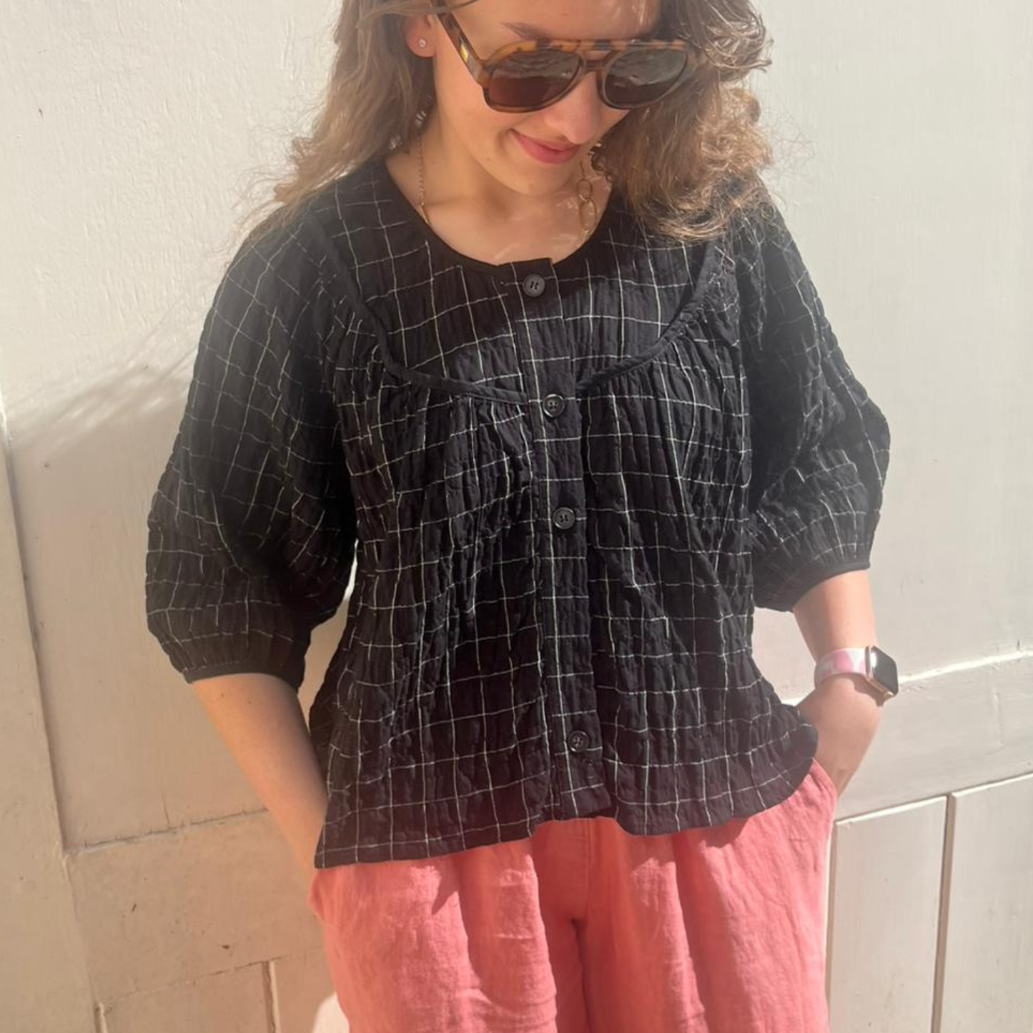 Cotton Gauze Top - Grid Check