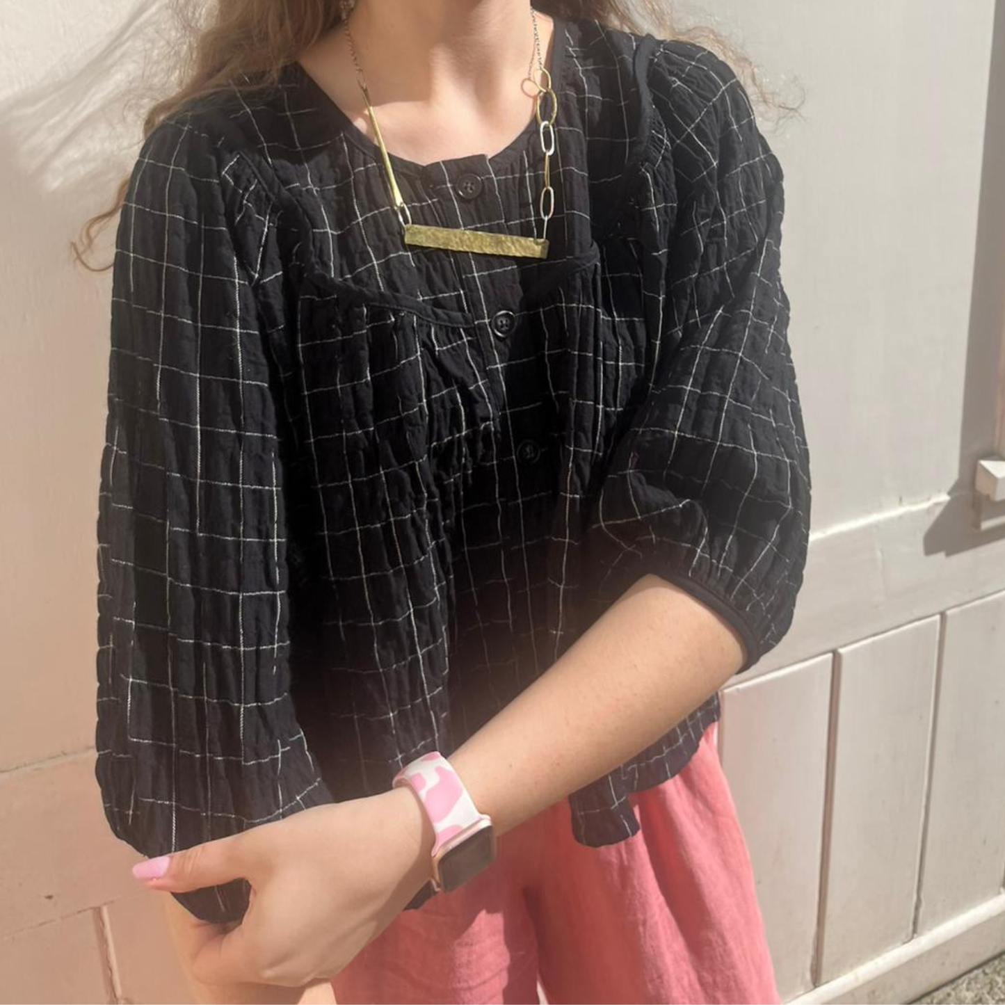 Cotton Gauze Top - Grid Check