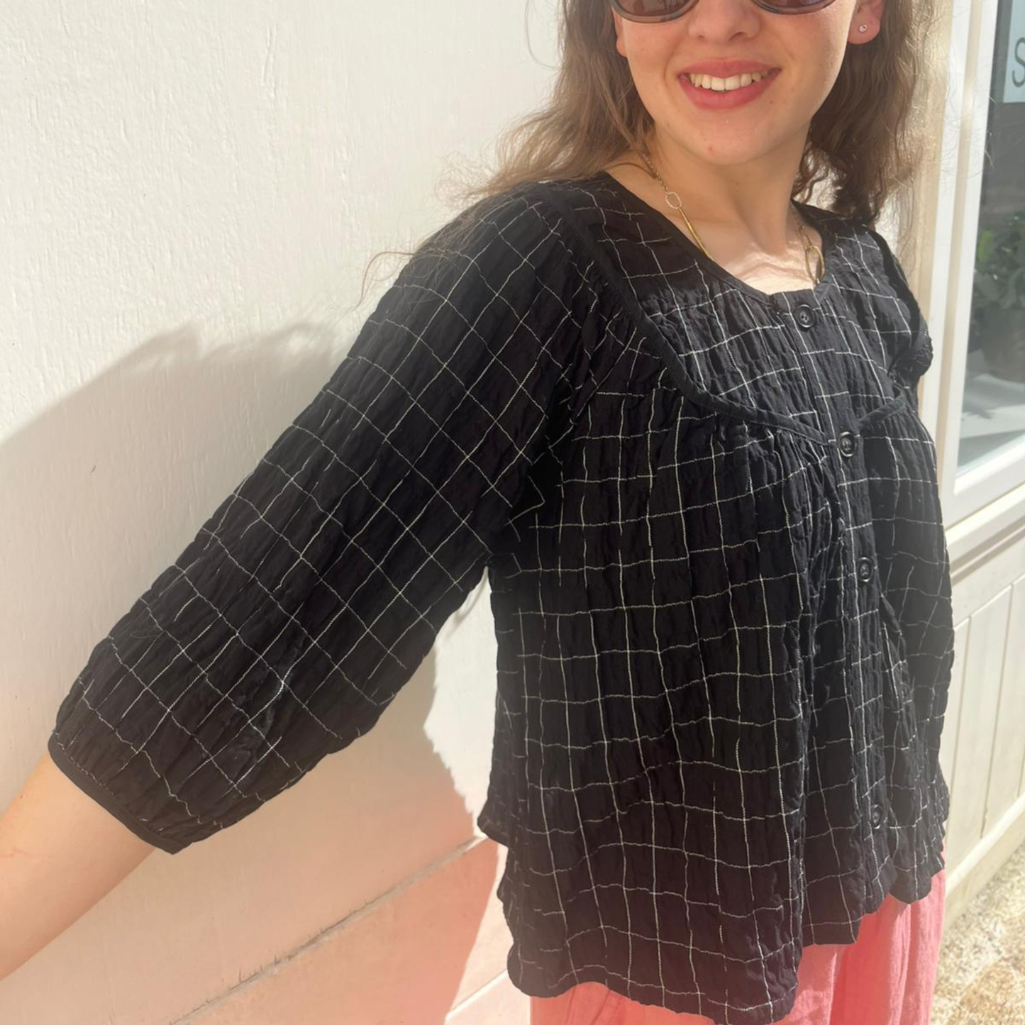 Cotton Gauze Top - Grid Check
