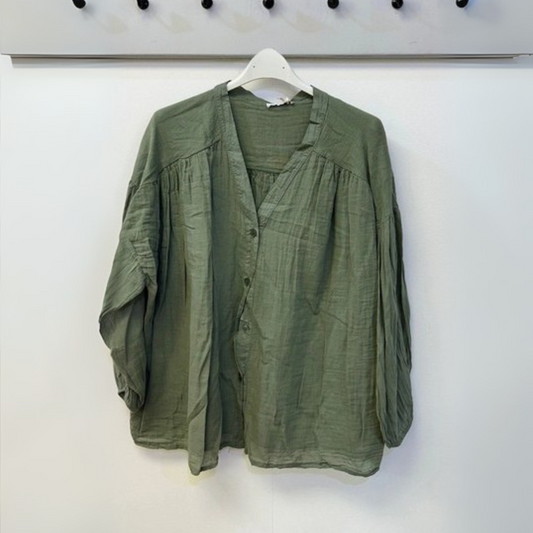 Cotton V Neck Shirt - Khaki Green