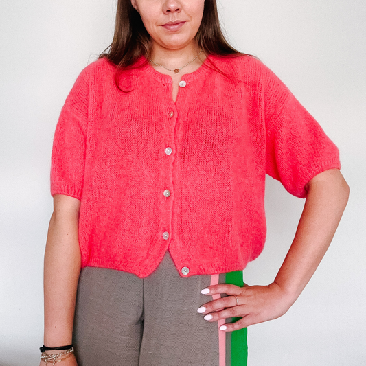 Mohair Blend Cropped Sleeve Cardigan - Coral Pink